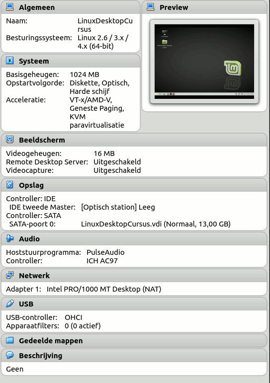 Screenshot van de Virtualbox console